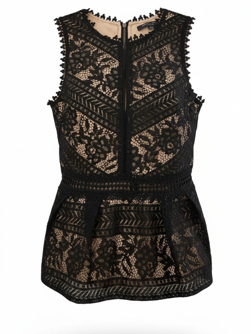 Romeo & Juliet Couture Black Lace Peplum Tunic with Nude Lining